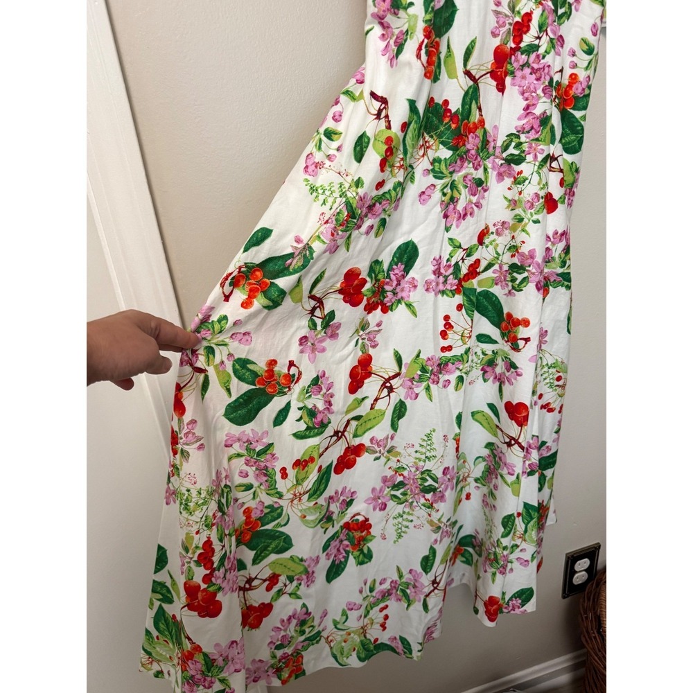 Taylor Women Floral Cherry Print Midi Dress White Red Sweetheart Neck Pockets - Picture 3 of 16